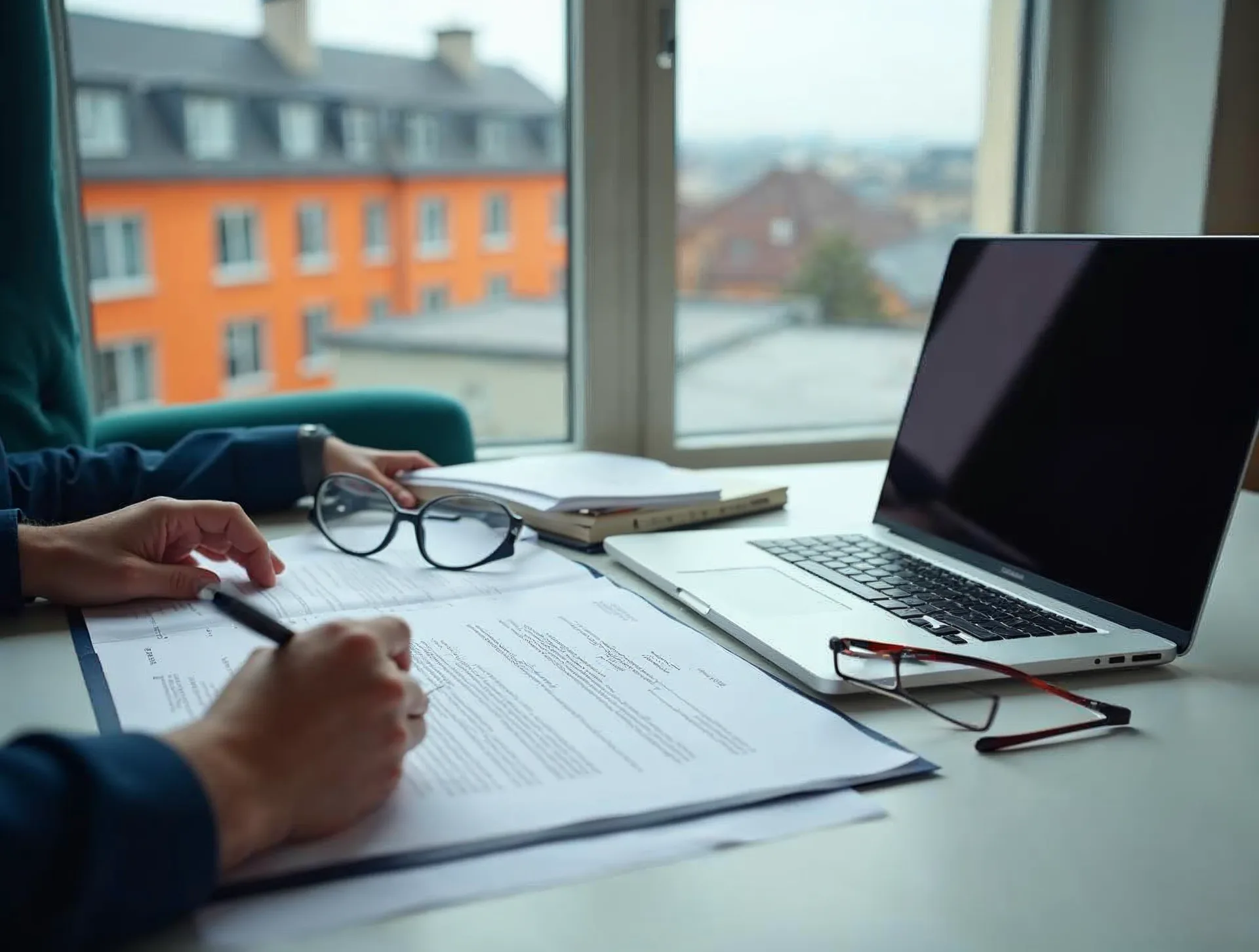 Schreibtisch einer Hausverwaltung: Hände prüfen mit einem Stift einen Garantie- und Inspektionsbericht neben Brille und Laptop, durch das Fenster ein frisch mit heller Flüssigkunststoff-Abdichtung saniertes norddeutsches Flachdach
