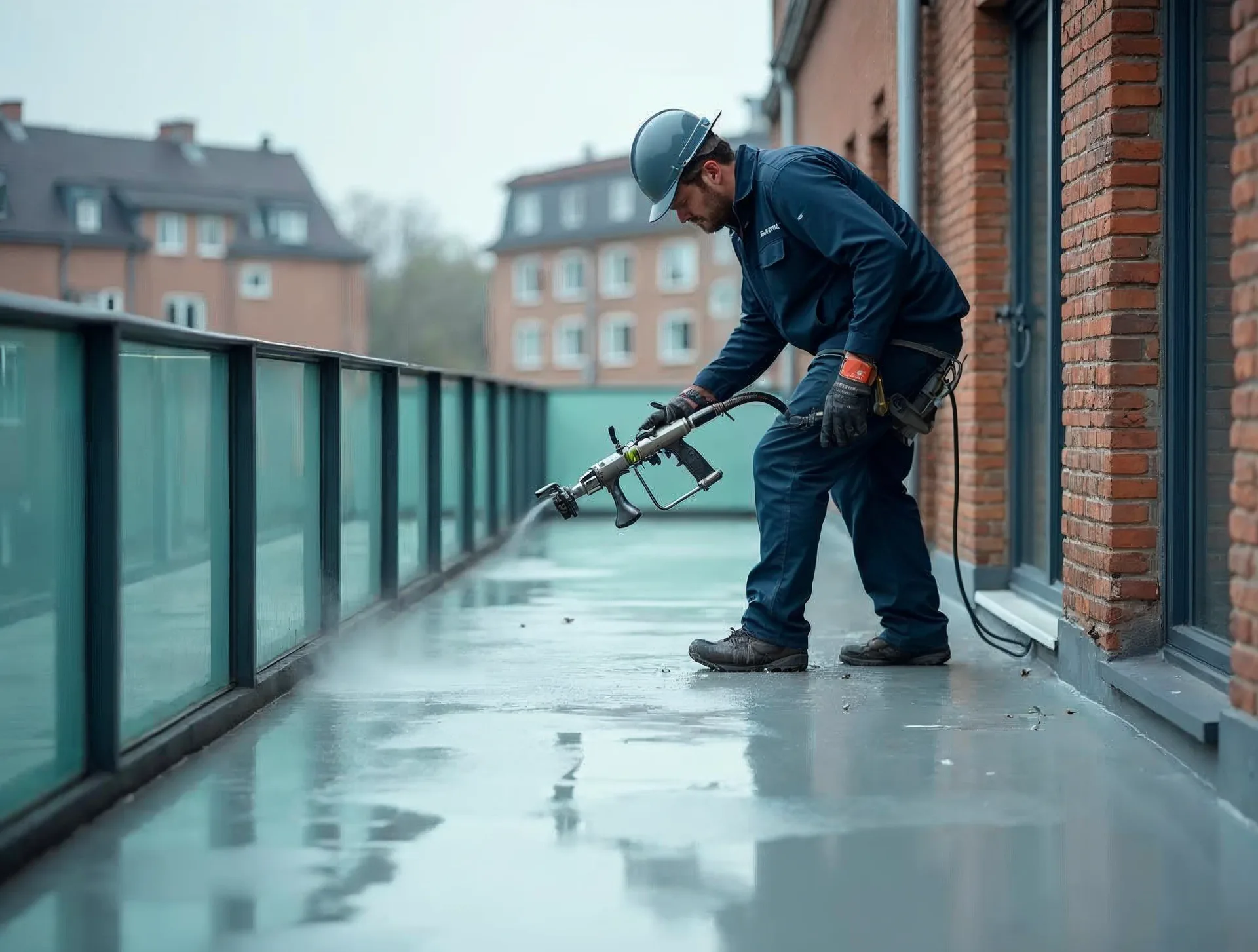 Dachdecker in dunkelblauer Arbeitskleidung dichtet den Boden eines Balkons im Airless-Spritzverfahren mit hellgrauer Flüssigabdichtung ab