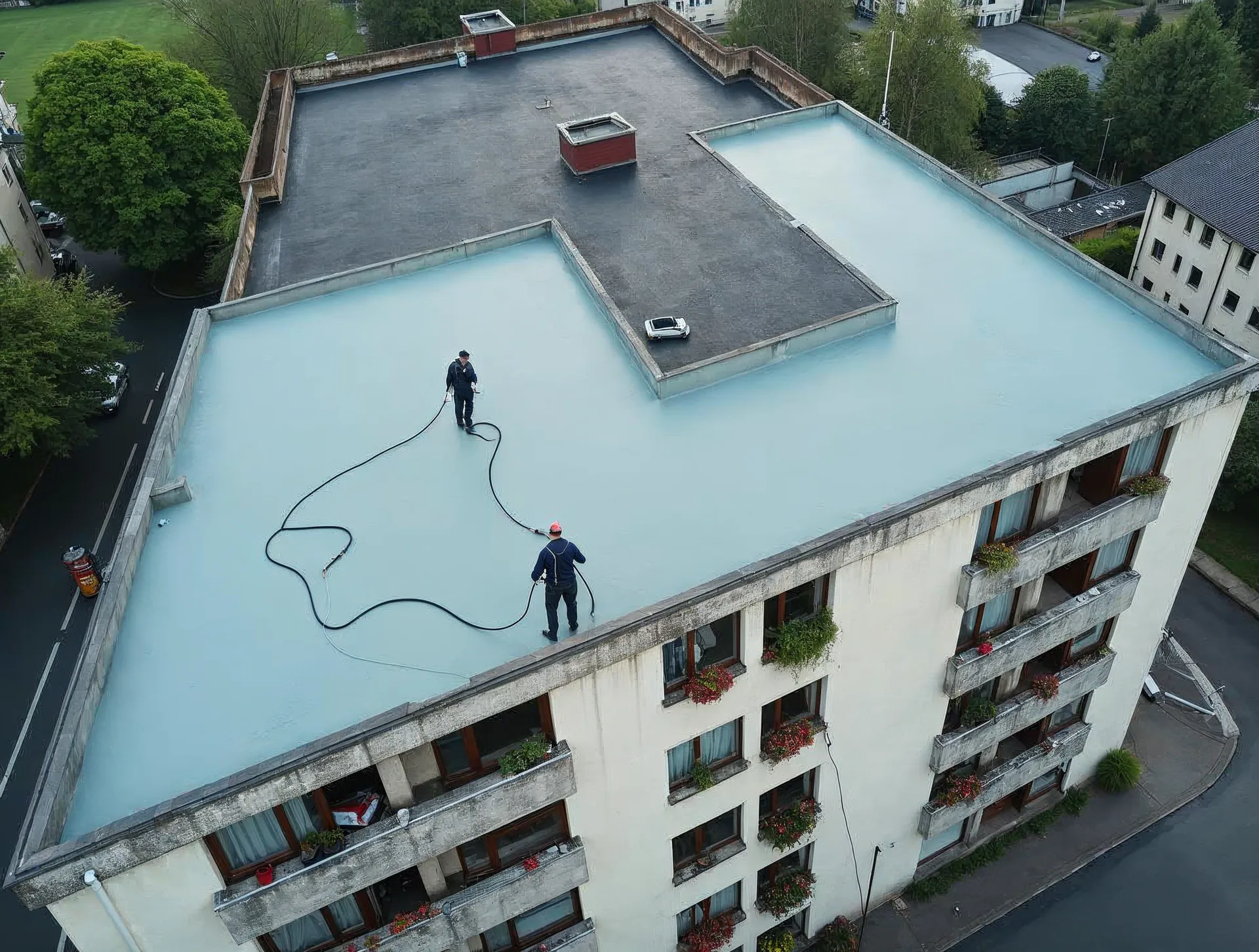 Bewohnter Wohnblock der 1970er-Jahre in Ostseenähe ohne Gerüst: Auf dem Flachdach trägt ein Dachdecker in dunkelblauer Arbeitskleidung eine hellgraue Flüssigabdichtung im Airless-Spritzverfahren auf, die andere Dachhälfte ist noch alte Bitumenbahn