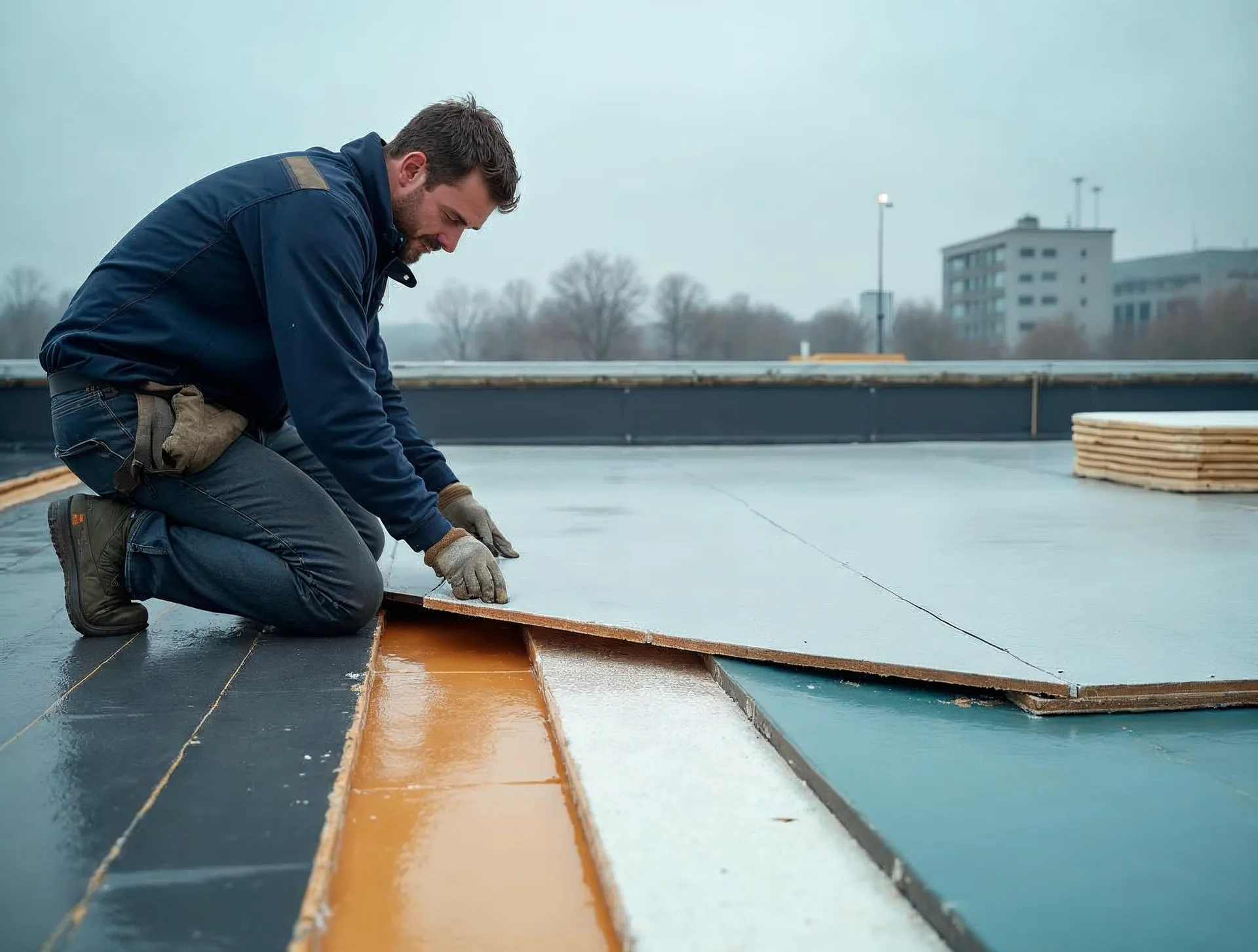 Ein Dachdecker in dunkelblauer Arbeitskleidung verlegt auf einem norddeutschen Flachdach helle Dämmplatten auf einer Dampfsperre; an der offenen Dachkante sind die Schichten Betondecke, Dampfsperre, Dämmung und die hellgraue Flüssigabdichtung sichtbar