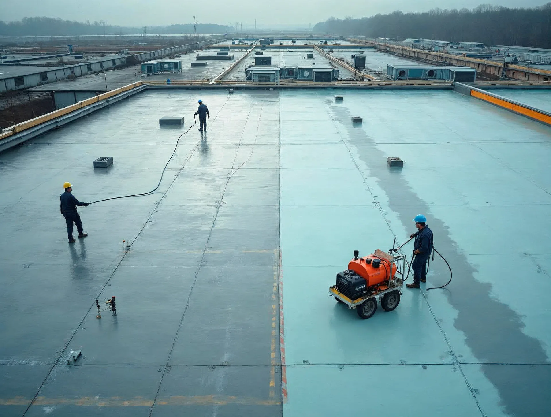 Großes Flachdach einer Gewerbe- oder Industriehalle wird abschnittsweise saniert: ein Abschnitt bereits mit hellgrauer, nahtloser Flüssigkunststoff-Abdichtung im Airless-Spritzverfahren, der Nachbarabschnitt noch alte, dunkle Bitumenbahn, dazwischen zwei Dachdecker in dunkelblauer Arbeitskleidung, ringsum Lichtbänder, Rohrdurchdringungen und Lüftungsanlagen