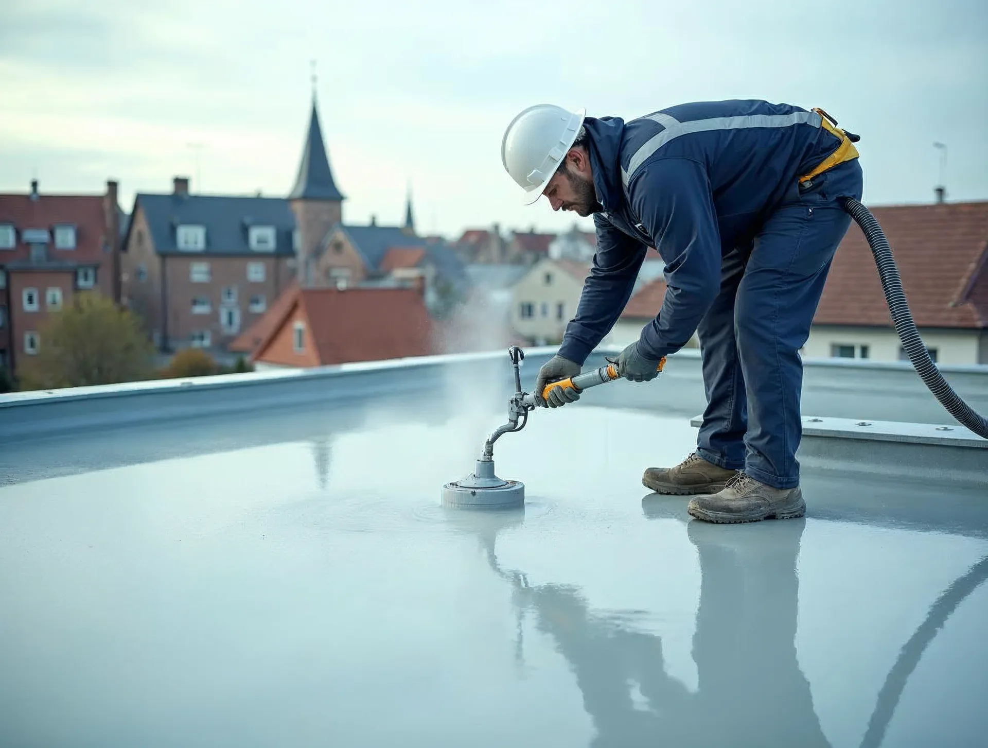 Dachdecker in dunkelblauer Arbeitskleidung trägt in einer Küstenstadt in Schleswig-Holstein eine hellgraue Flüssigkunststoff-Abdichtung im Airless-Spritzverfahren auf ein Mehrfamilienhaus-Flachdach auf, im Hintergrund eine norddeutsche Hafenstadt an der Ostsee