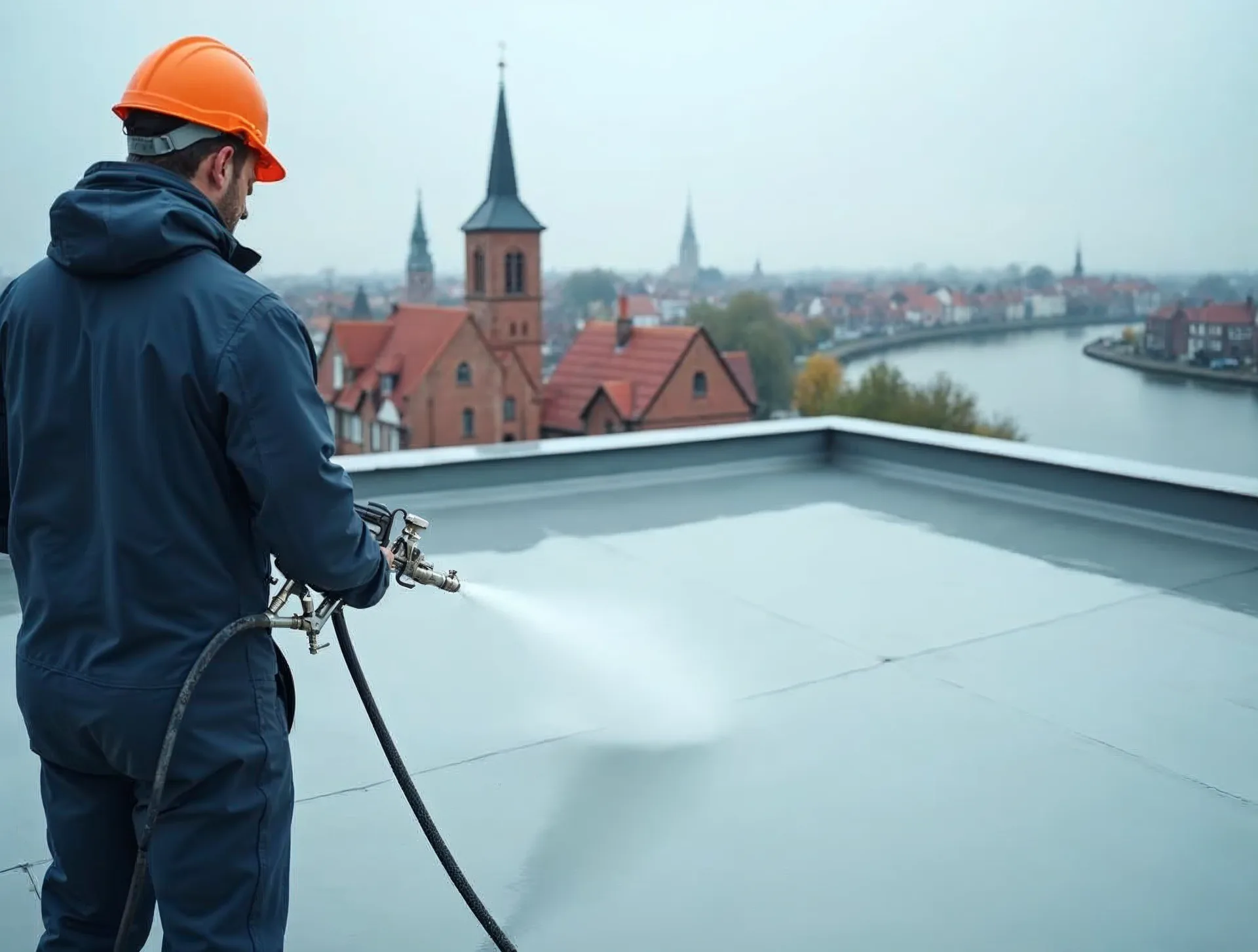Dachdecker in dunkelblauer Arbeitskleidung trägt in einer Hansestadt an der vorpommerschen Boddenküste eine hellgraue Flüssigkunststoff-Abdichtung im Airless-Spritzverfahren auf ein Mehrfamilienhaus-Flachdach auf, im Hintergrund die Backstein-Silhouette der Altstadt