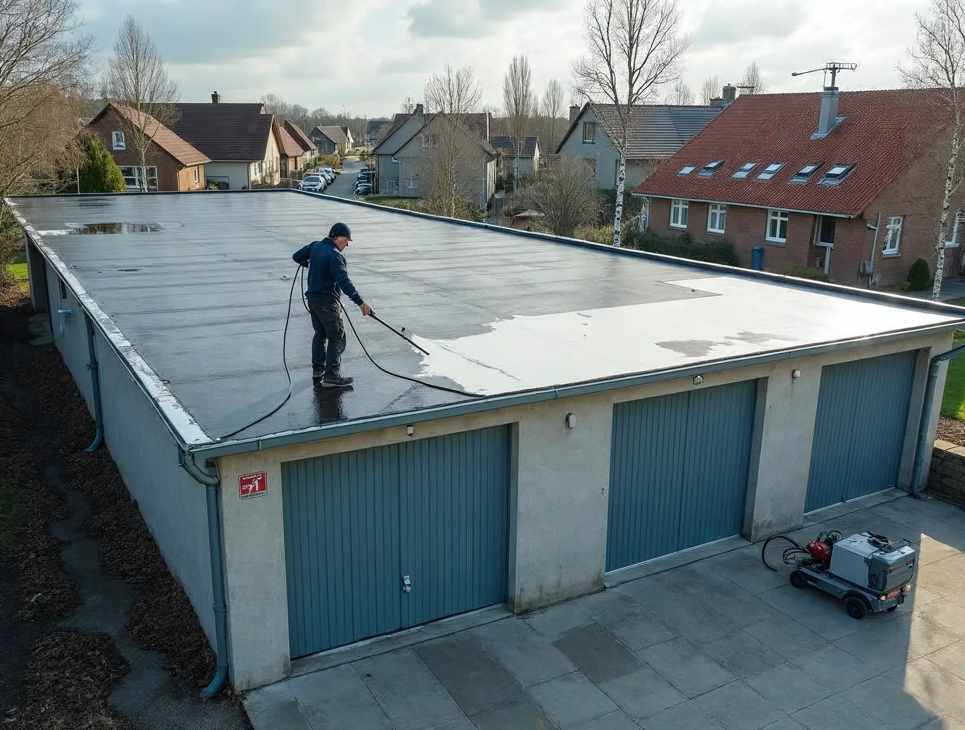Garagenzeile in einer norddeutschen Wohnsiedlung: links noch alte, geflickte Bitumenbahn mit Moos und Pfützen, rechts trägt ein Dachdecker in dunkelblauer Arbeitskleidung eine hellgraue Flüssigabdichtung im Airless-Spritzverfahren auf