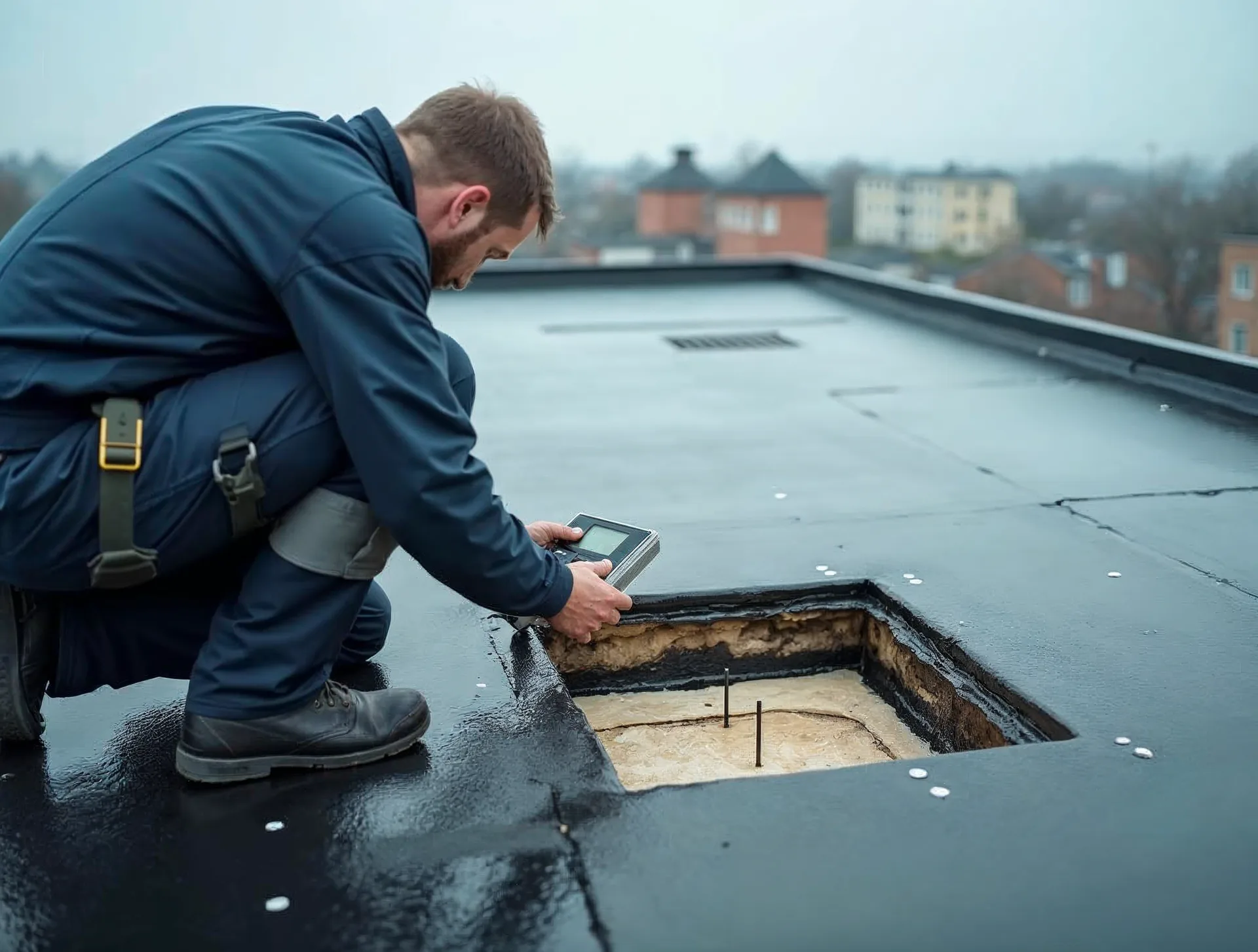 Dachdecker in dunkelblauer Arbeitskleidung kniet auf einem alten Bitumen-Flachdach und misst an einer kleinen Probeöffnung mit einem Feuchtemessgerät, ob die Dämmung unter der Abdichtung durchfeuchtet ist