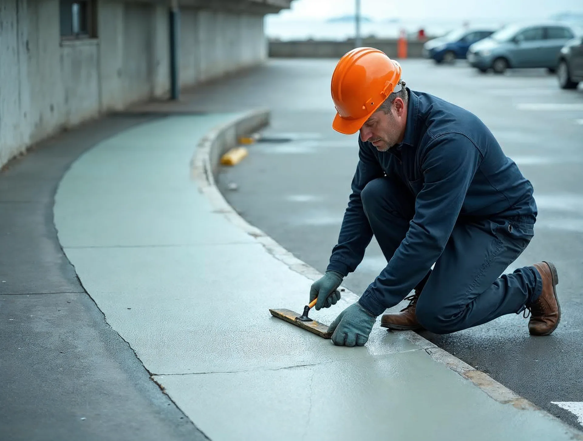 Handwerker in dunkelblauer Arbeitskleidung trägt auf einer Parkdeck-Rampe eine hellgraue, rutschfeste Flüssigabdichtung mit sichtbarer Quarzsand-Einstreuung auf, daneben der ältere, rissige Beton