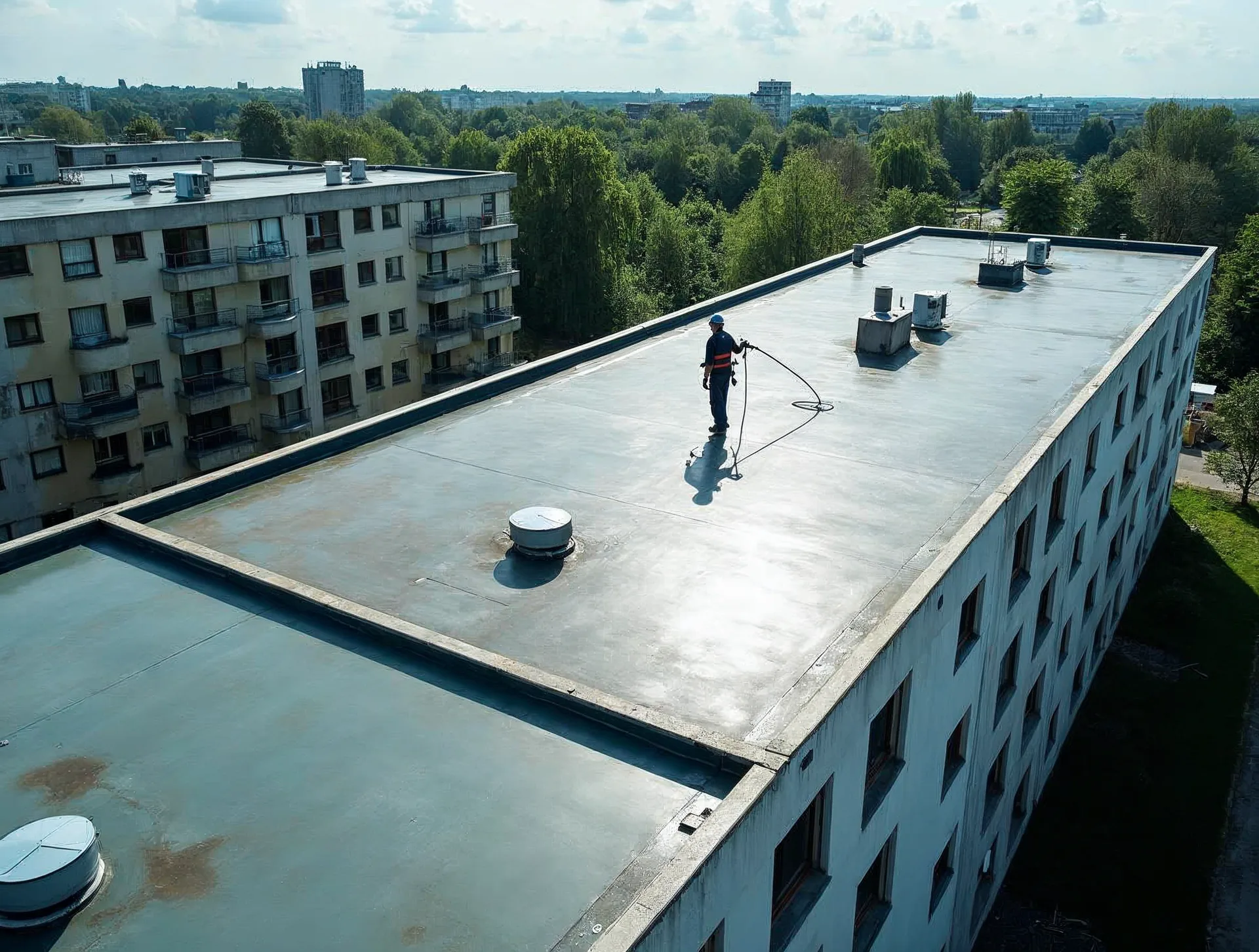 Luftaufnahme eines Plattenbau-Wohnblocks in Ostseenähe: eine Hälfte des Flachdachs noch alte, geflickte Bitumenbahn, auf der anderen trägt ein Dachdecker eine hellgraue Flüssigabdichtung im Airless-Spritzverfahren auf