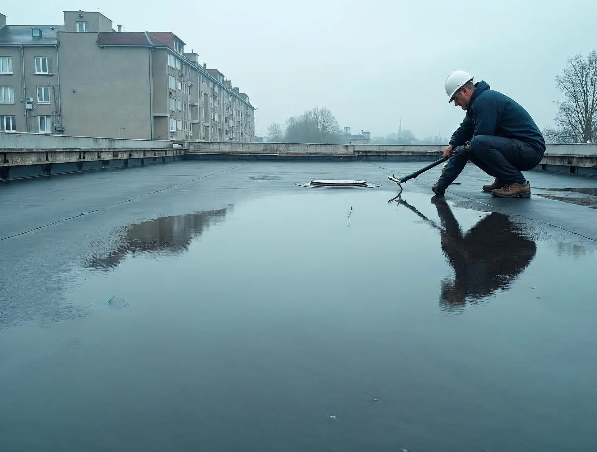 Stehendes Wasser in flachen Pfützen auf einem gealterten norddeutschen Bitumen-Flachdach; ein Dachdecker in dunkelblauer Arbeitskleidung prüft die Pfützenbildung nahe einem Dachablauf, daneben eine mit Gefälledämmung und heller Flüssigkunststoff-Abdichtung sanierte Fläche