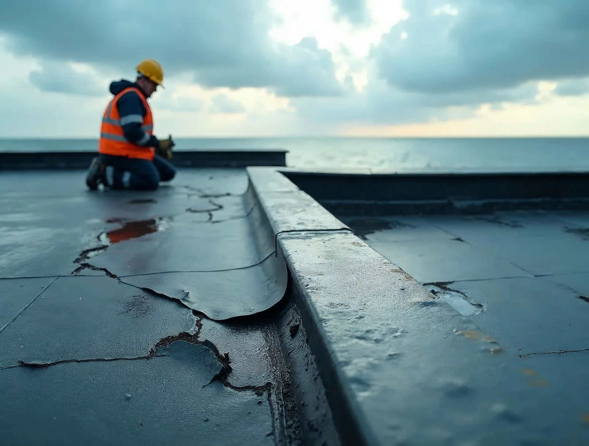 Sturmgeschädigtes Flachdach an der Ostseeküste in Mecklenburg-Vorpommern: die vom Wind aufgerissene Dachhaut ist mit einer beschwerten grauen Schutzplane notabgedichtet, ein Dachdecker prüft die aufgerissene Kante
