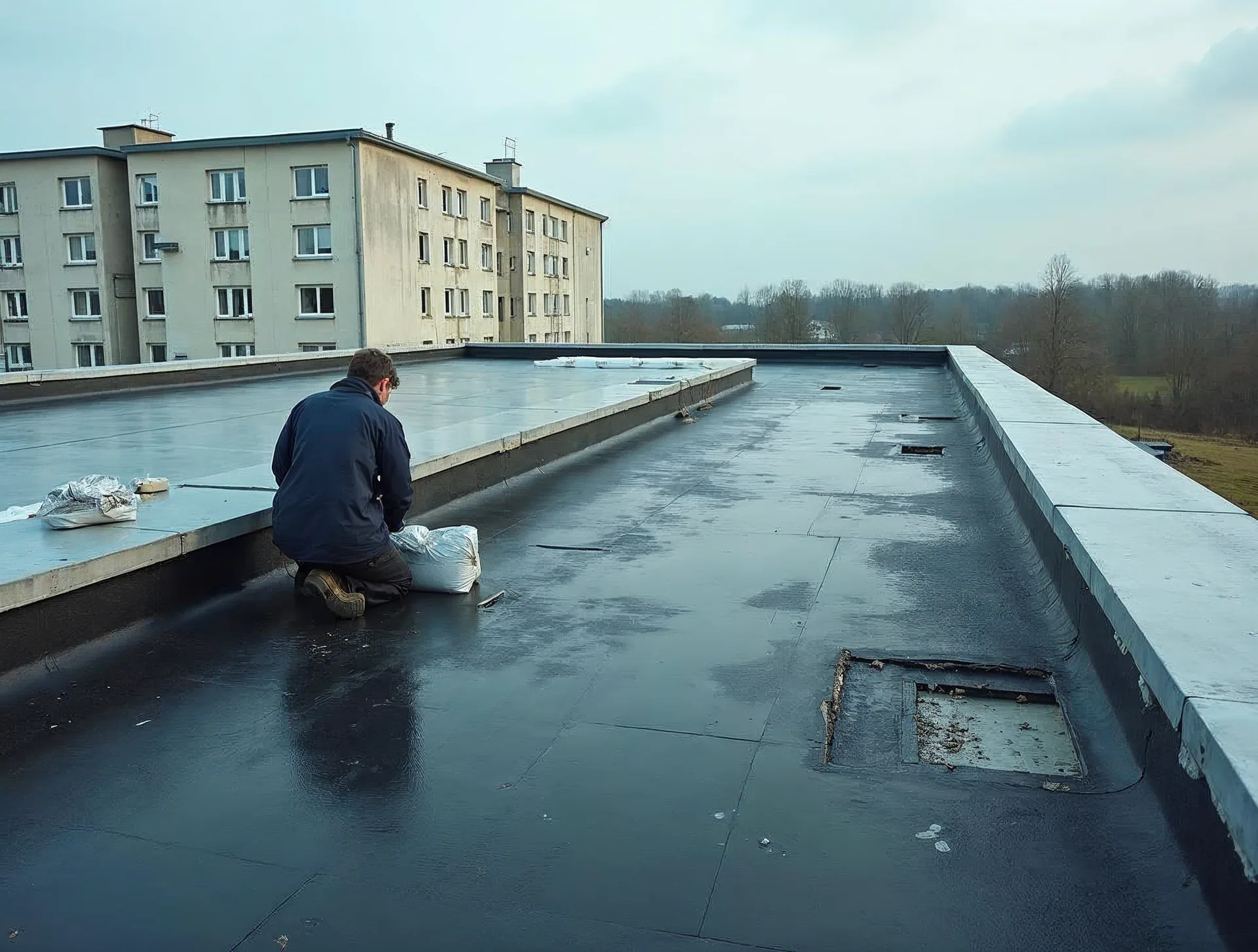 Altes Flachdach eines Wohnblocks mit schwarzer, rissiger Teerpappe; ein Dachdecker in dunkelblauer Arbeitskleidung prüft an einer kleinen Probenöffnung den Altbelag, im Hintergrund ist ein Abschnitt bereits hellgrau mit Flüssigabdichtung überarbeitet
