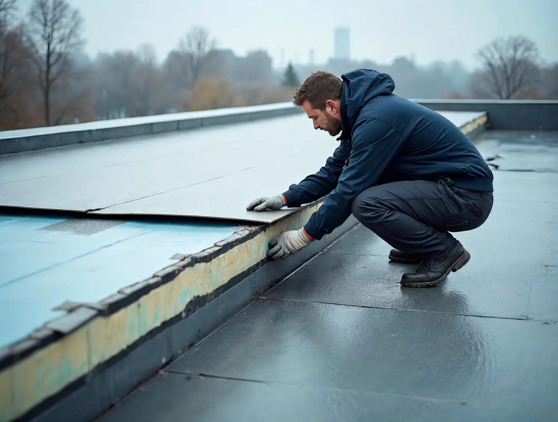 Am Rand eines norddeutschen Flachdachs sind während der Sanierung die Schichten des Warmdachaufbaus sichtbar: Betondecke, Dampfsperre, Dämmung und darüber eine frisch aufgetragene hellgraue, nahtlose Flüssigabdichtung; ein Dachdecker in dunkelblauer Arbeitskleidung prüft die Schichtenkante