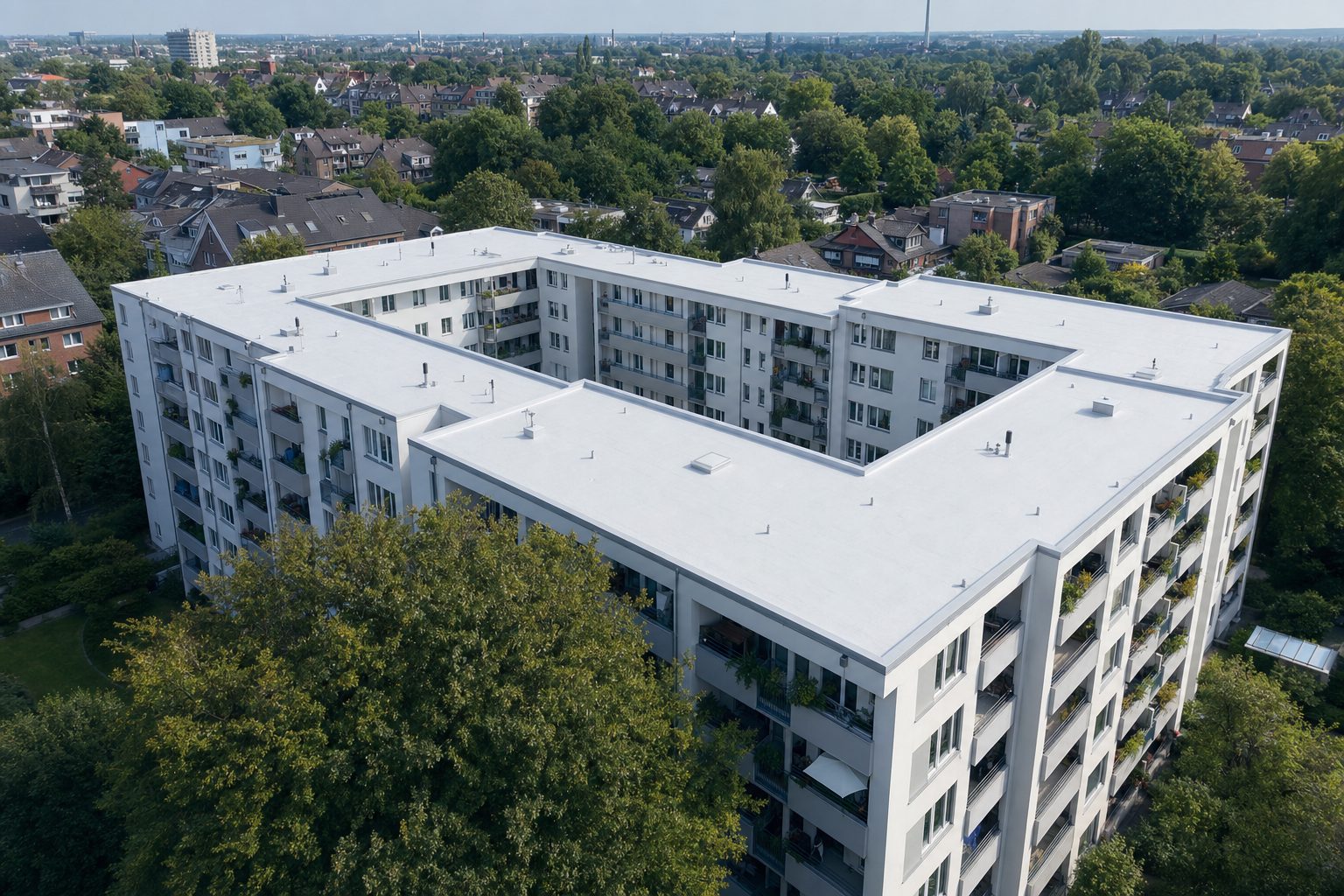 Große Wohnanlage einer WEG mit komplett neu abgedichtetem Flachdach